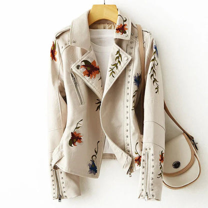 Women's leather jacket with floral embroidery & studs – women
