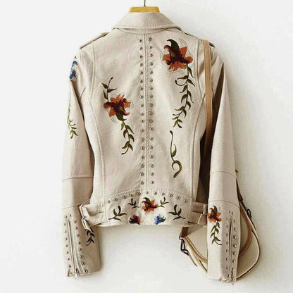 Women's leather jacket with floral embroidery & studs – women