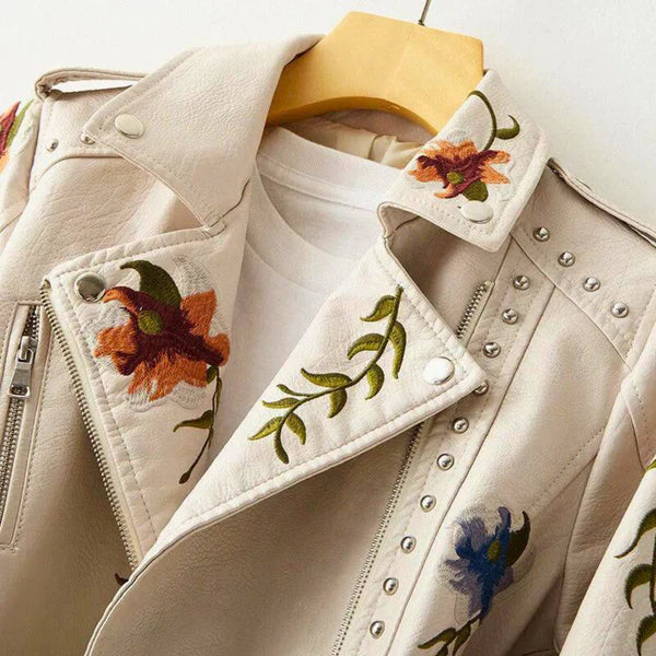 Women's leather jacket with floral embroidery & studs – women