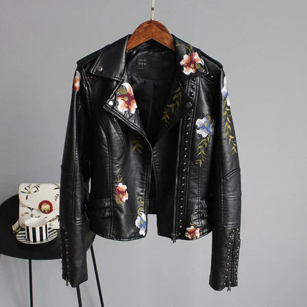 Women's leather jacket with floral embroidery & studs – women