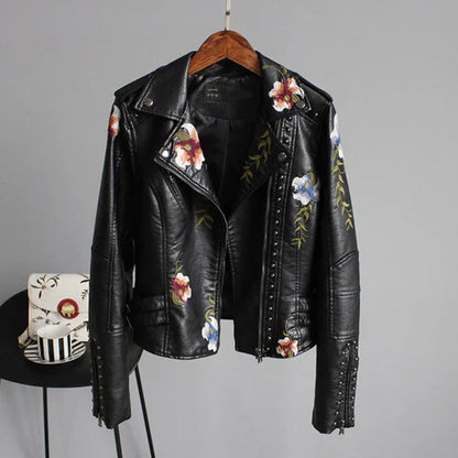 Women's leather jacket with floral embroidery & studs – women