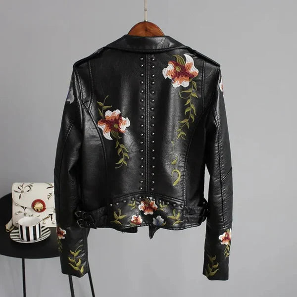Women's leather jacket with floral embroidery & studs – women