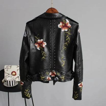Women's leather jacket with floral embroidery & studs – women
