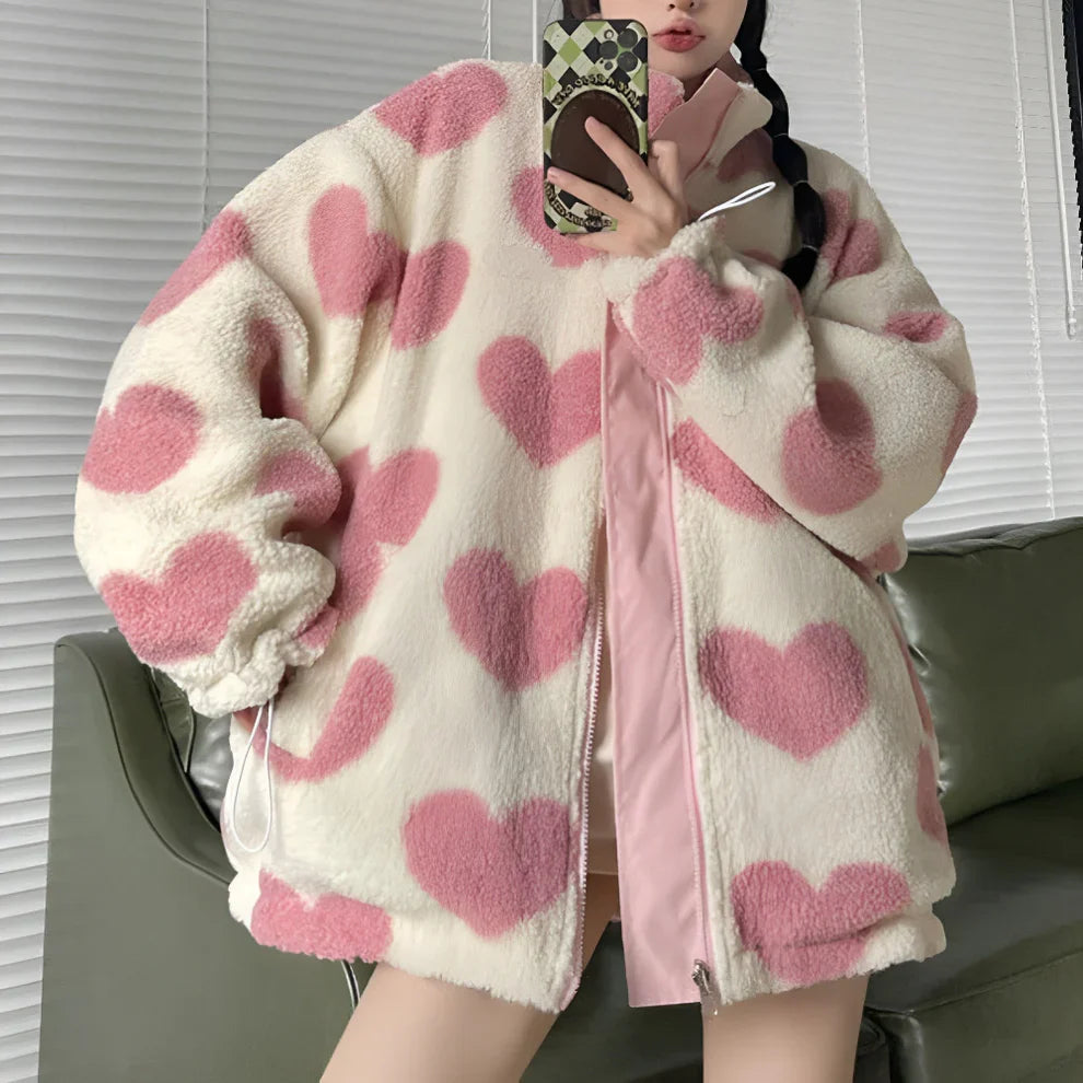 Women's reversible sherpa jacket with heart design – women