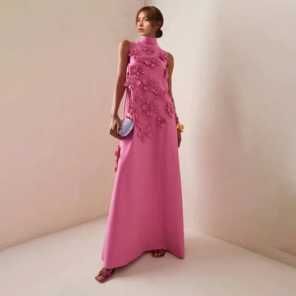 Women's sleeveless floral appliqué evening maxi dress