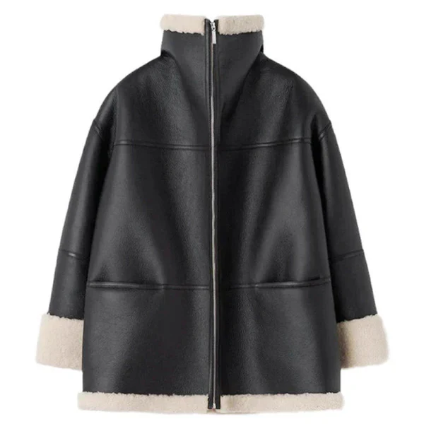 Women’s black leather fur-lined winter coat – women
