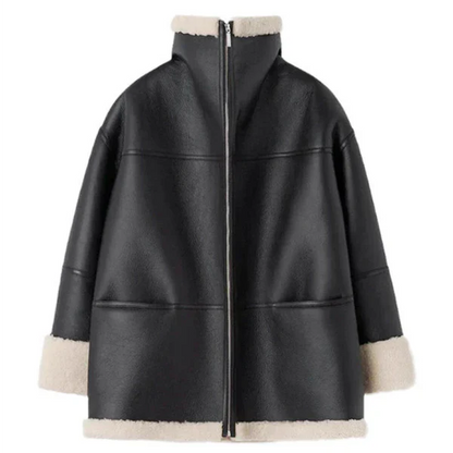 Women’s black leather fur-lined winter coat – women