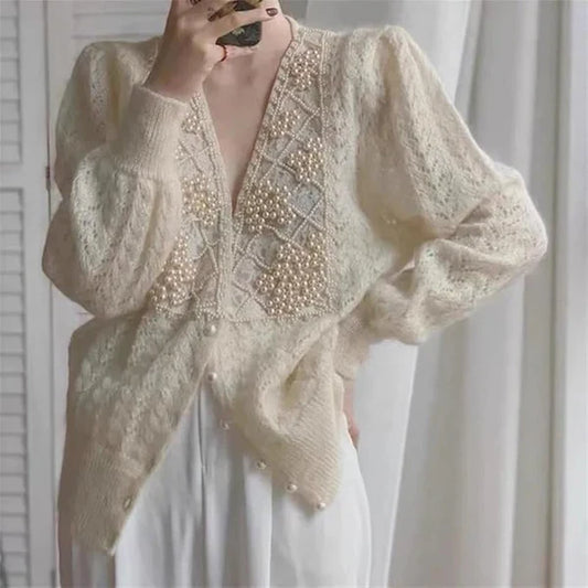 Women’s winter knit coat beige with v-neck & pearl buttons – women