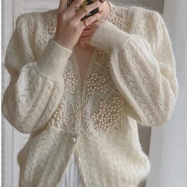 Women’s winter knit coat beige with v-neck & pearl buttons – women