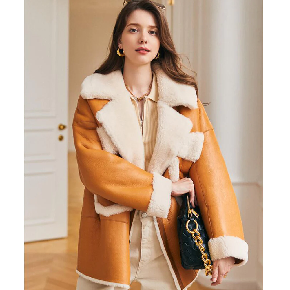 Womens Shearling Sheepskin Aviator Coat