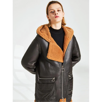 Womens Sheepskin Shearling Jacket Coat in Black with Warm Hooded