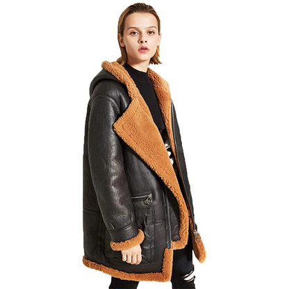 Womens Warm Hooded Sheepskin Shearling Jacket Coat