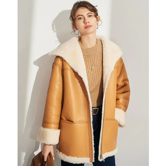 Womens Khaki Shearling Sheepskin Coat