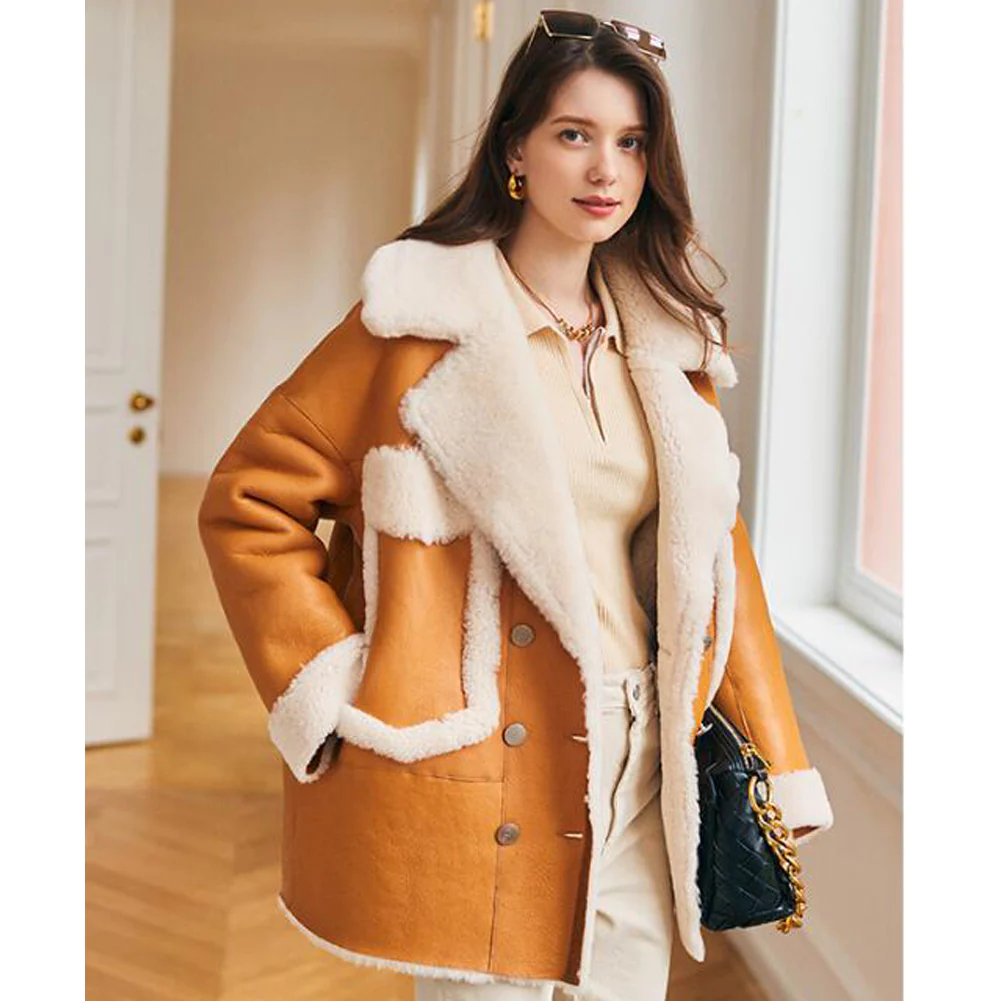 Womens Shearling Sheepskin Aviator Coat