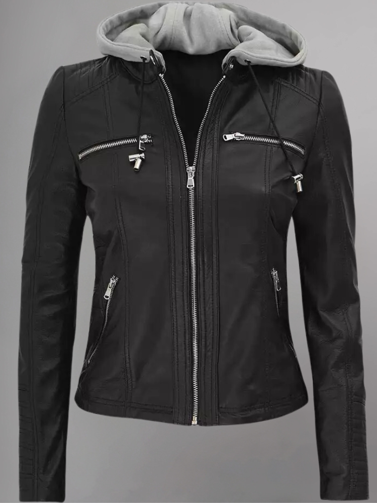 Womens Black Leather Jacket With Hood