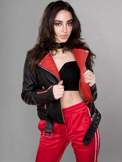 Womens Black and Red Contrast Leather Jacket