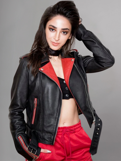 Womens Black and Red Contrast Leather Jacket