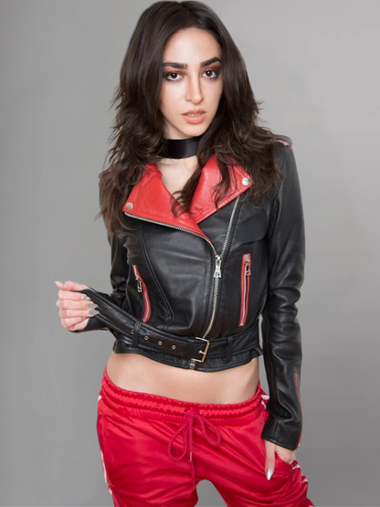 Womens Black and Red Contrast Leather Jacket