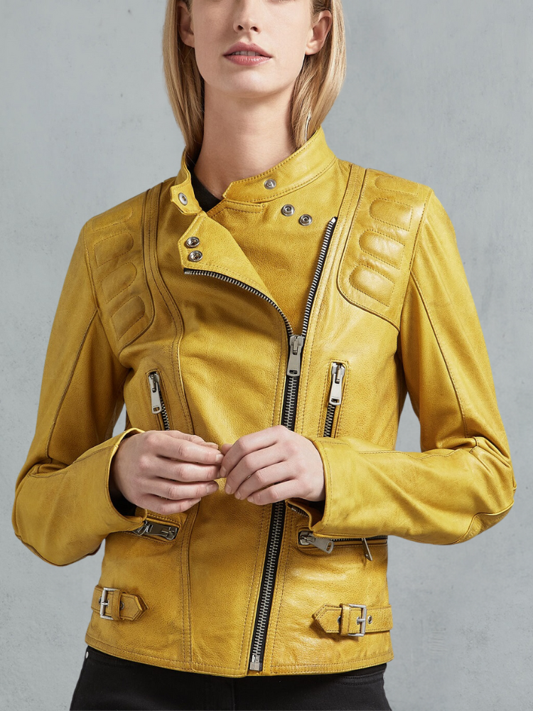 Womens Bright Yellow Biker Leather Jacket