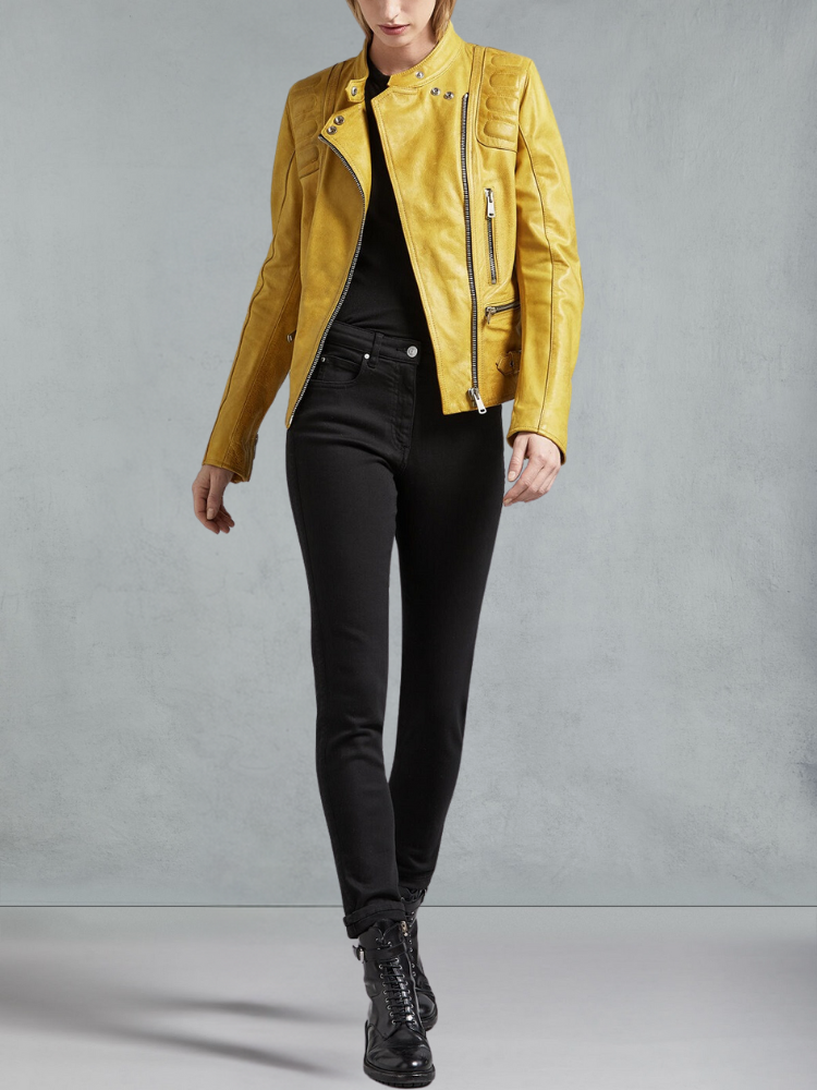 Womens Bright Yellow Biker Leather Jacket