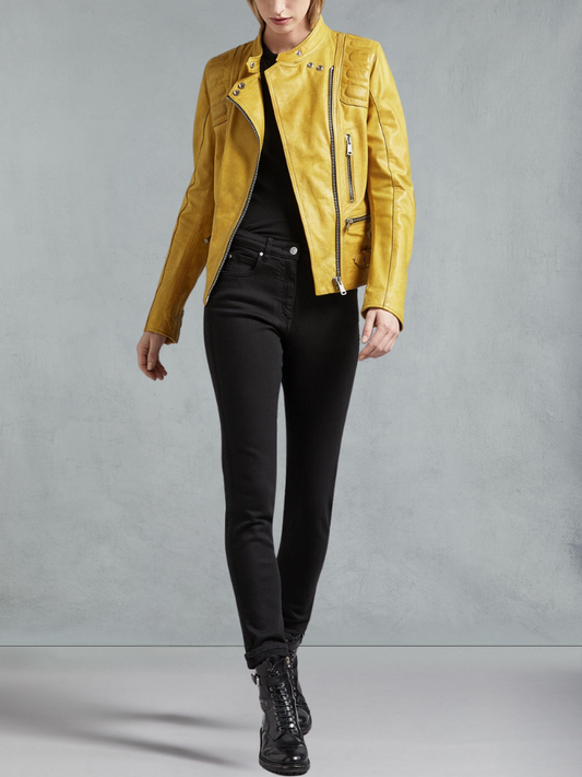 Womens Bright Yellow Biker Leather Jacket