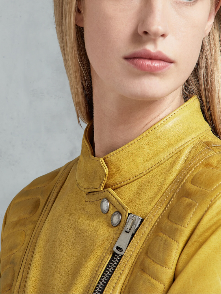 Womens Bright Yellow Biker Leather Jacket