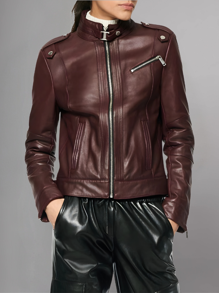 Womens Classic Maroon Biker Leather Jacket