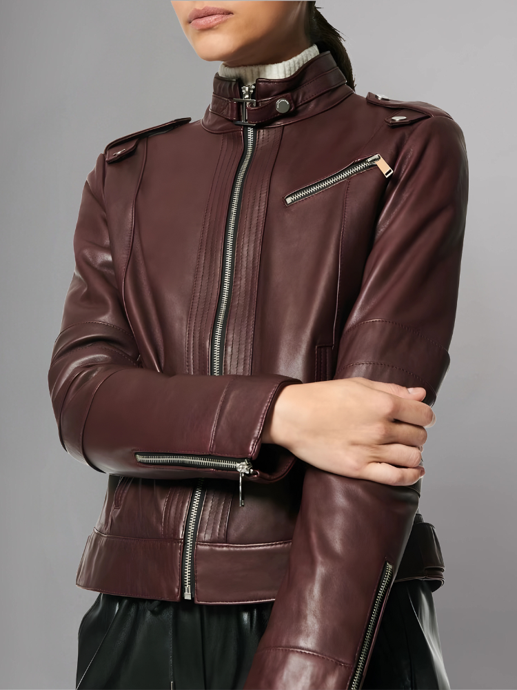 Womens Classic Maroon Biker Leather Jacket