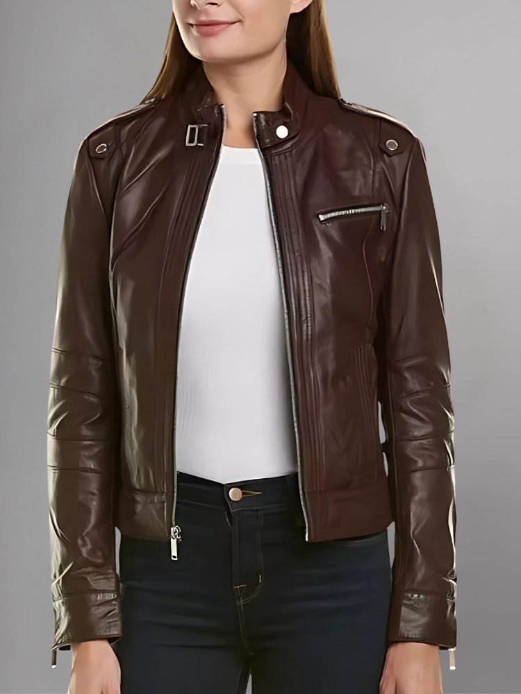 Womens Classic Maroon Biker Leather Jacket