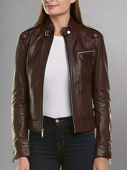 Womens Classic Maroon Biker Leather Jacket