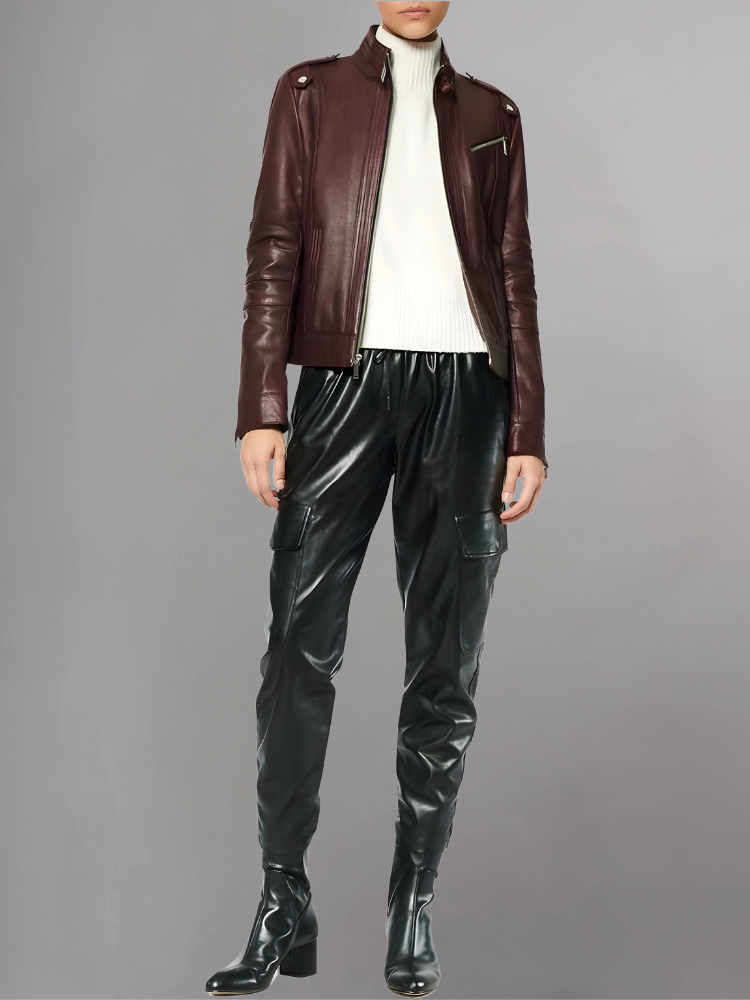 Womens Classic Maroon Biker Leather Jacket