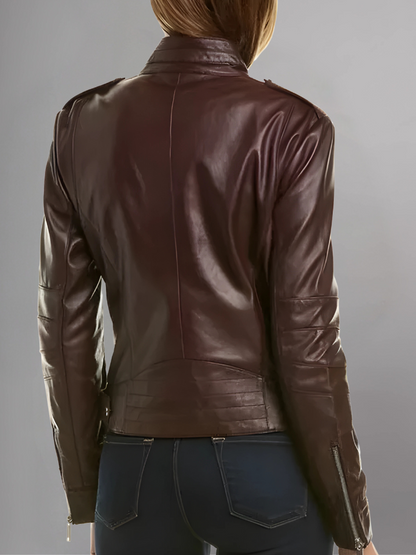 Womens Classic Maroon Biker Leather Jacket