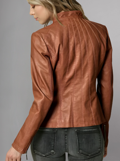 Womens Panelled Real Leather Moto Jacket