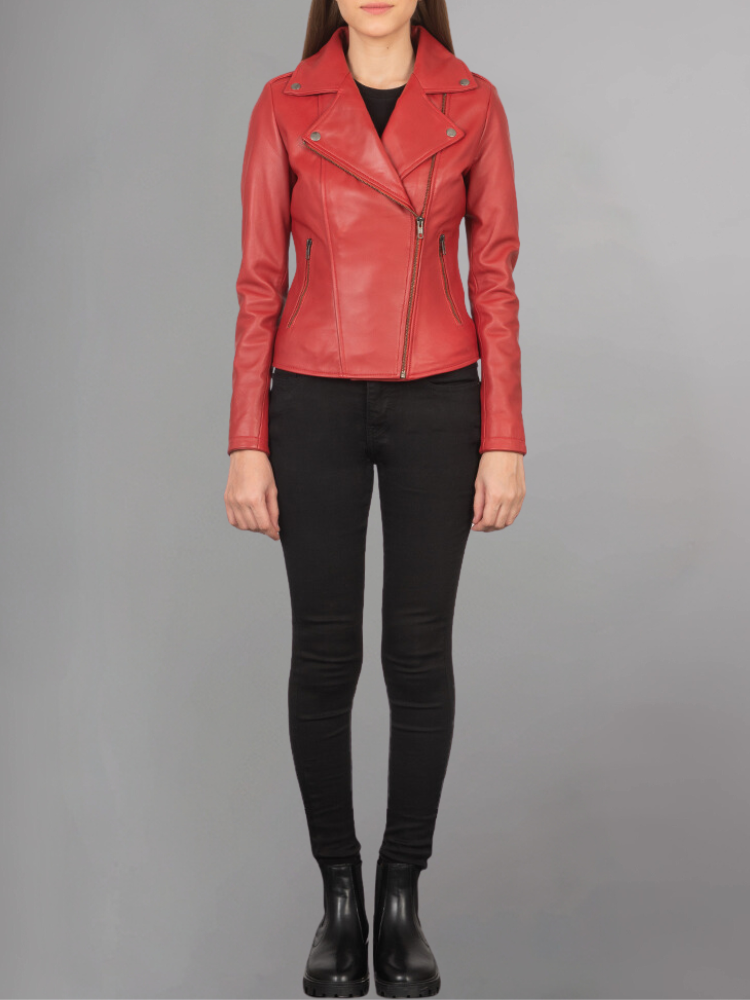 Womens Red Moto Style Leather Jacket