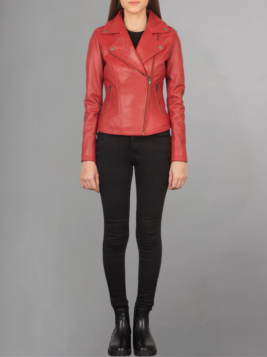 Womens Red Moto Style Leather Jacket