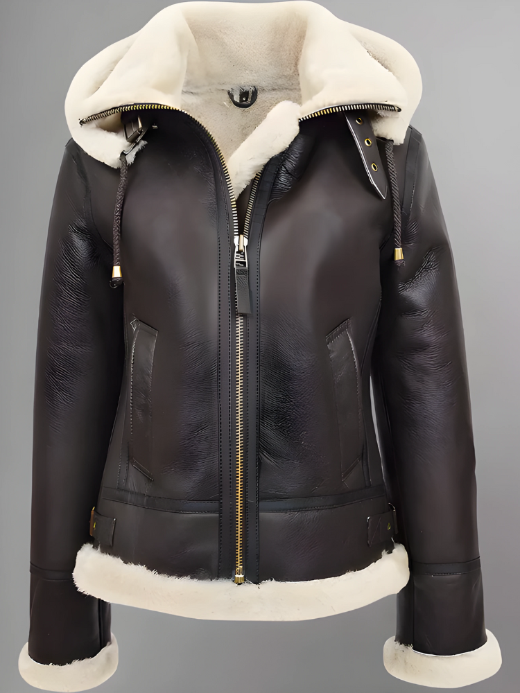 Womens Sheepskin Flying Brown Hooded Shearling B3 Pilot Aviator Coat