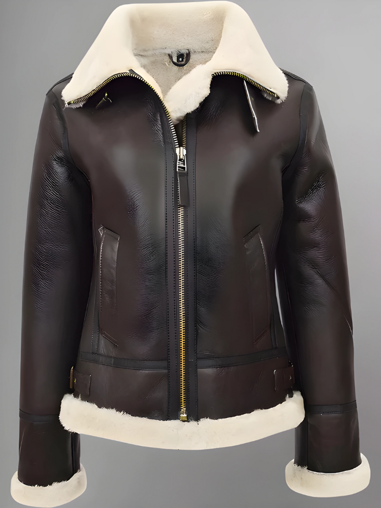 Womens Sheepskin Flying Brown Hooded Shearling B3 Pilot Aviator Coat