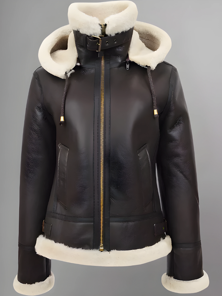 Womens Sheepskin Flying Brown Hooded Shearling B3 Pilot Aviator Coat