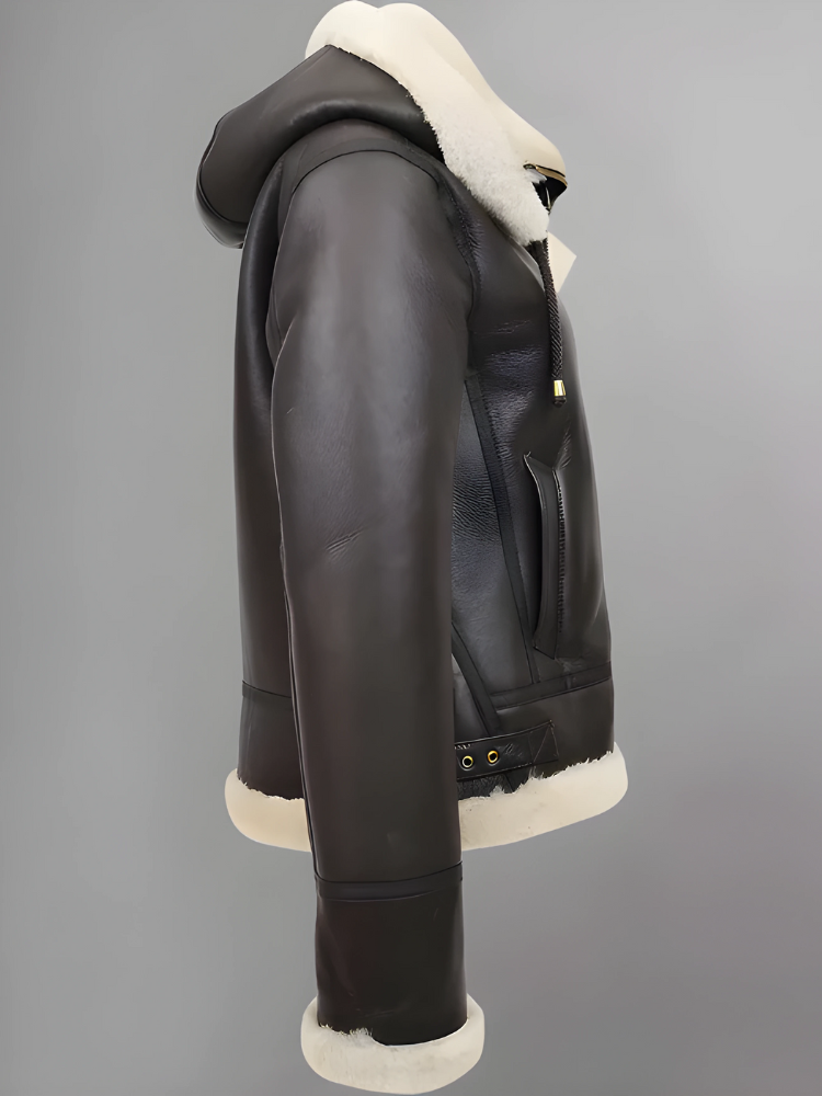 Womens Sheepskin Flying Brown Hooded Shearling B3 Pilot Aviator Coat