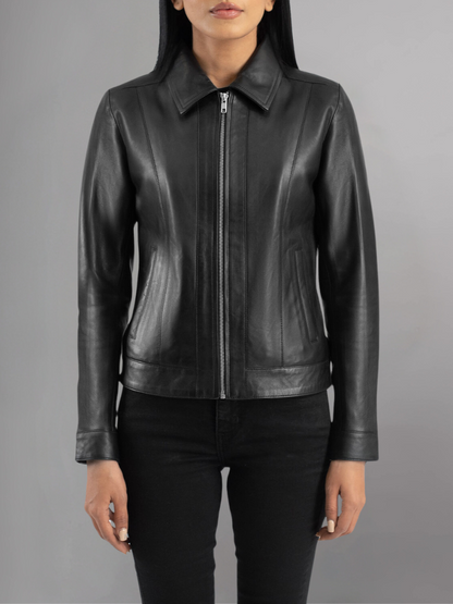 Womens Simple Black Leather Biker Jacket