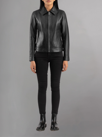 Womens Simple Black Leather Biker Jacket