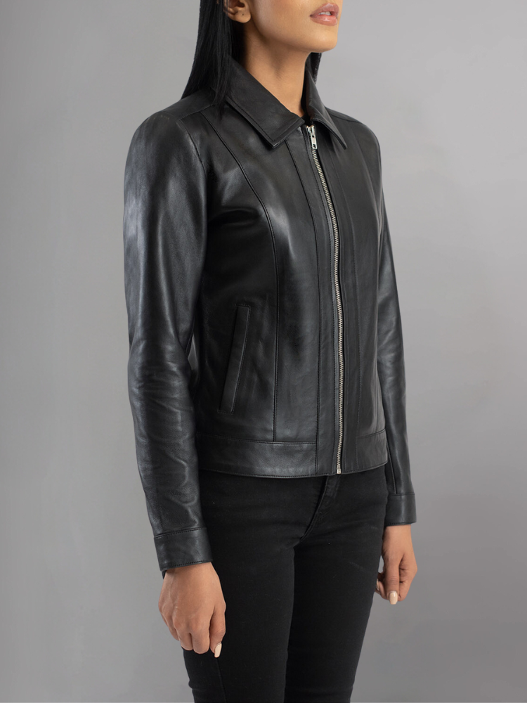 Womens Simple Black Leather Biker Jacket