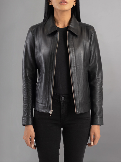 Womens Simple Black Leather Biker Jacket