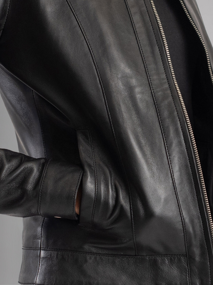 Womens Simple Black Leather Biker Jacket