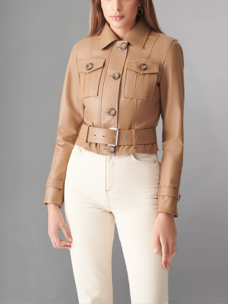 Womens Sporty Style Camel Leather Jacket