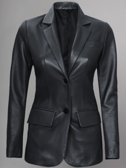 Womens Two Button Black Leather Blazer Jacket