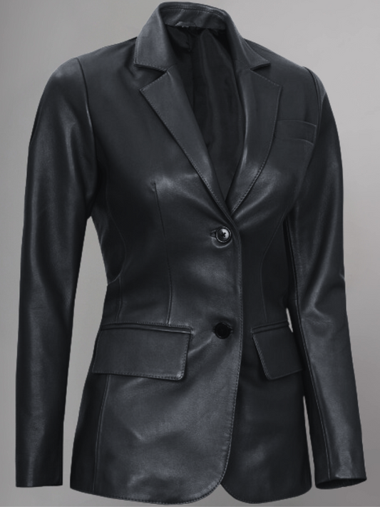 Womens Two Button Black Leather Blazer Jacket