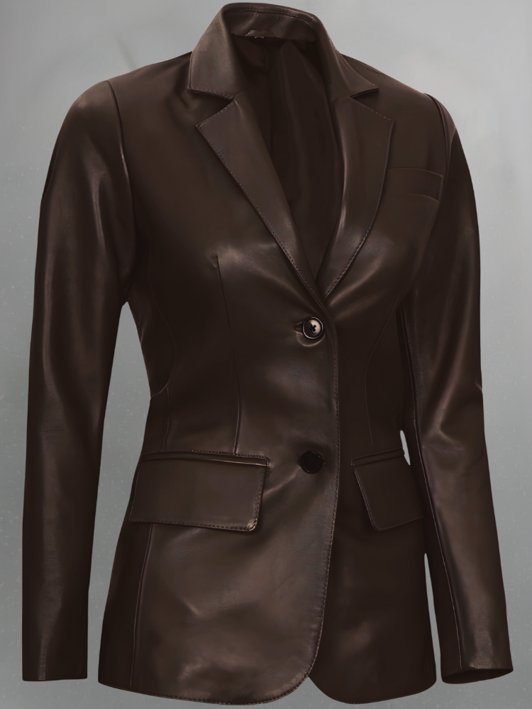 Womens Two Button Black Leather Blazer Jacket