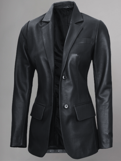 Womens Two Button Black Leather Blazer Jacket