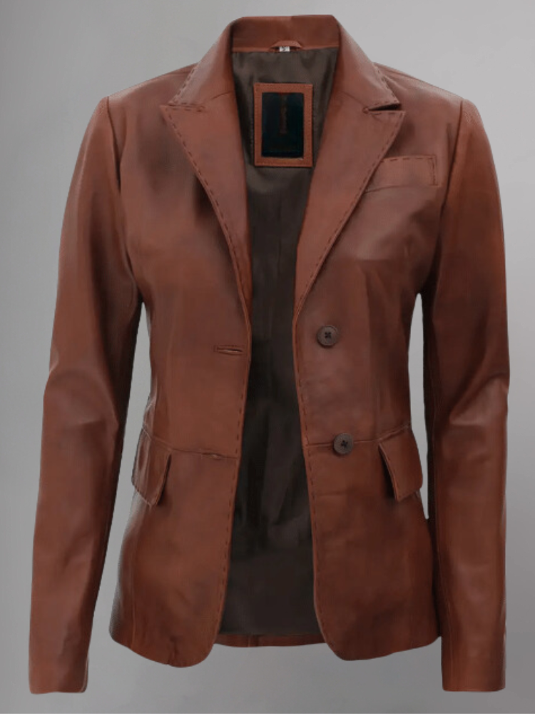 Womens Two Button Tan Leather Blazer Jacket